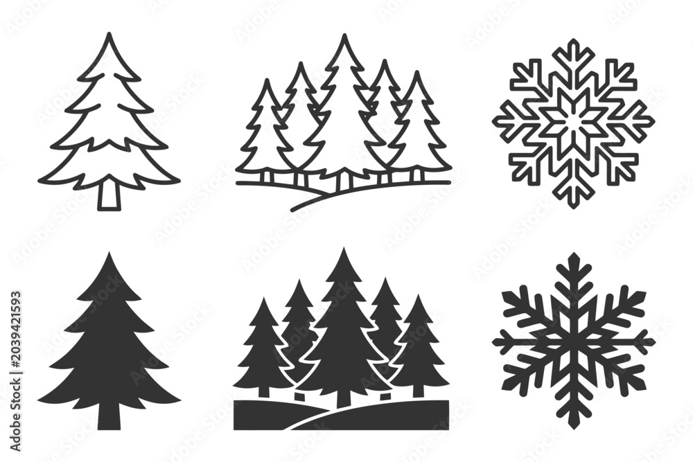 Obraz premium Set of pine tree and snowflake symbols in black and white.