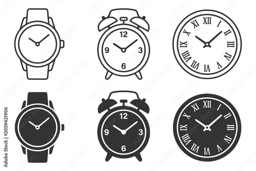 Fototapeta premium Variety of clock designs featuring analog and alarm clocks with roman and numeric dials.