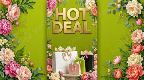 Hot Deal promotional banner with golden text, elegant floral border with pink roses and peonies, luxury shopping bags on green background isolated PNG with Transparent Background