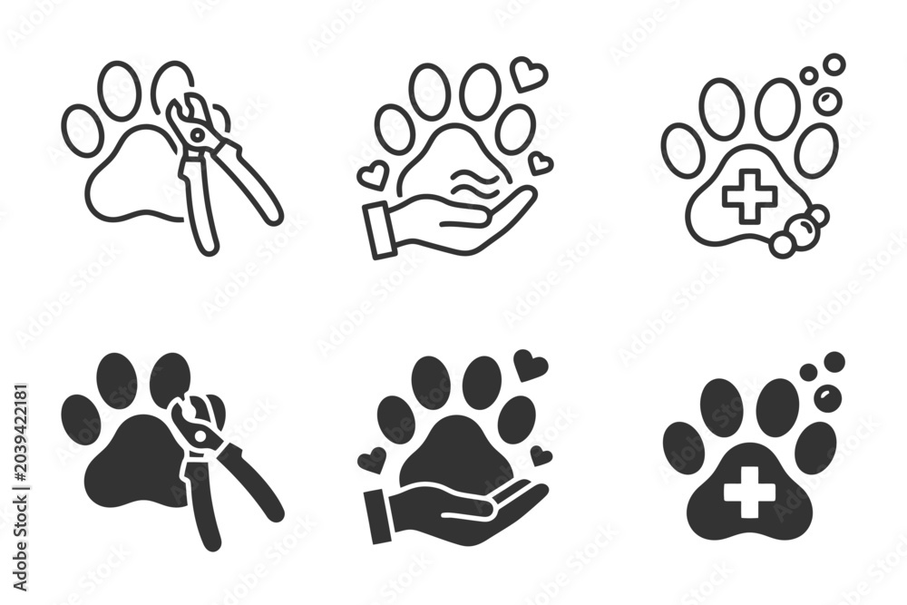 Fototapeta premium Pet care icons: grooming, healthcare, and love symbols with paw prints.