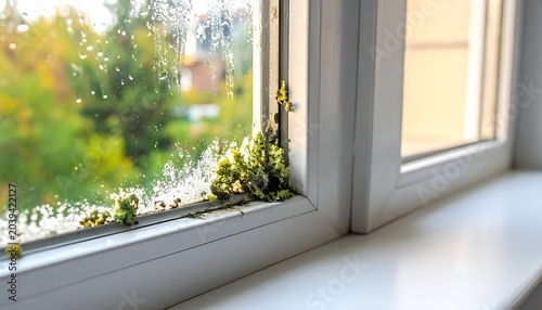 Mold and condensation grow inside a white window frame, blurring an autumn outdoor scene in the hazy, damp glass