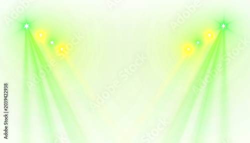 Lens flare yellow and green spotlight concert stage light beam background. For weddings and celebratory events.