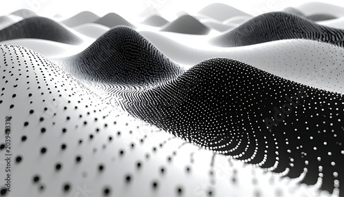Monochrome abstract landscape of gentle waves, dotted with tiny spheres, receding into a hazy horizon