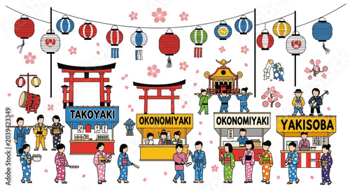 Bild auf Leinwand Japanese Summer Festival: Food Stalls, Lanterns, Torii Gates, People