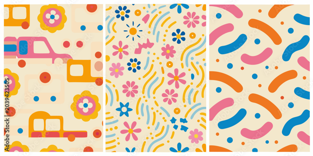 Obraz premium retro floral and geometric pattern vibrant colorful vector illustration