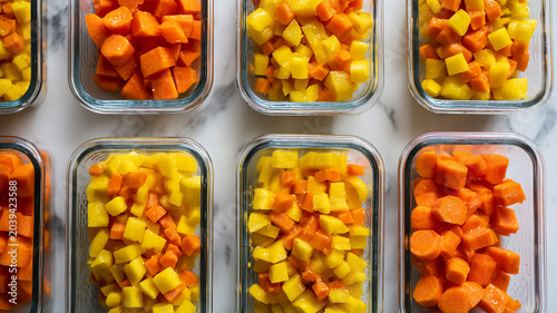 Glass meal prep containers with diced vegetables