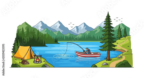Bilde på lerret Man fishing from boat on lake with mountains, forest and campsite