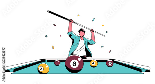 Εκτύπωση καμβά Man celebrating winning at pool game with cue stick and billiard balls