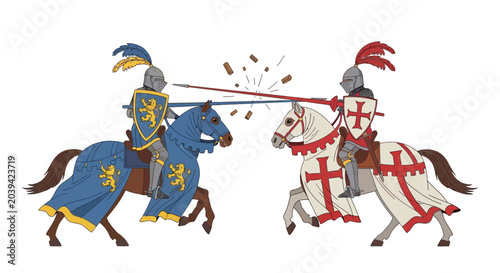 Fotografía Medieval Knights Jousting on Horses, Combat Tournament