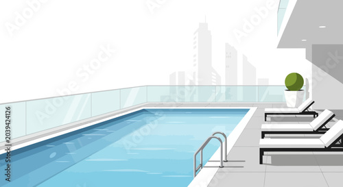 Foto Modern rooftop pool with city skyline, sun loungers, and glass railing