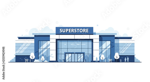 Fotografie Modern Superstore Building with Glass Facade and Shopping Carts