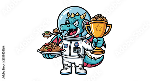 Cartoon Astronaut Dragon Holding Food and Trophy Cup.