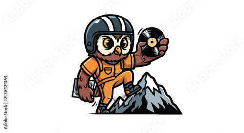 Cute Owl Character Snowboarding Down Mountain Peak.