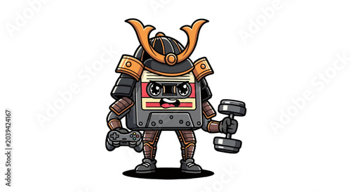 Cute Samurai Robot Holding Cassette Tape and Camera.