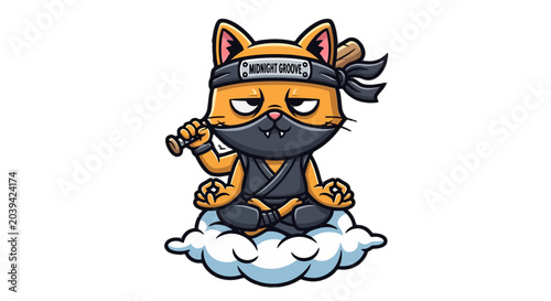 Cute Ninja Cat Character Sitting on Cloud Illustration.
