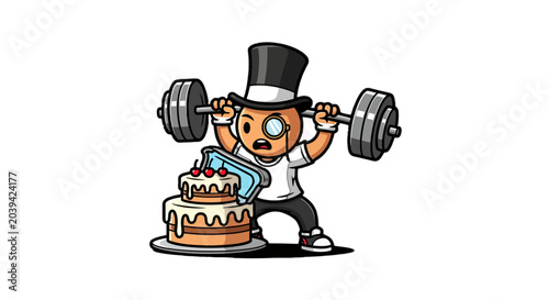 Cartoon bear lifting weights next to a birthday cake.