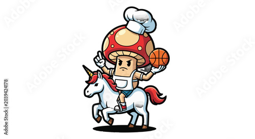Whimsical Chef Mushroom Riding Unicorn Holding Basketball.