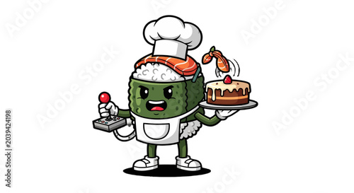 Cute Robot Chef Holding Dessert and Cherry Decoration.