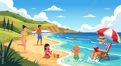 Vibrant vector illustration of a happy family enjoying a sunny day at the beach with the ocean and green hills in the background