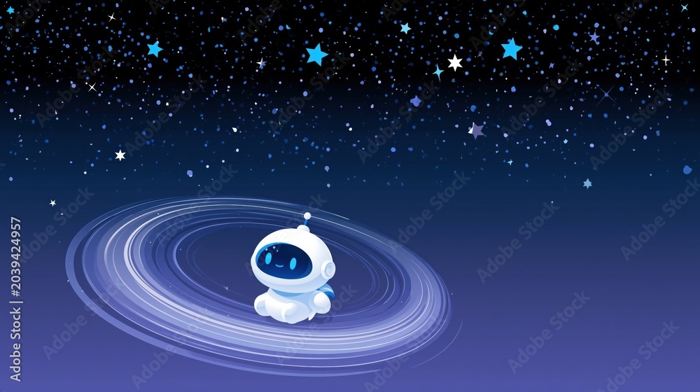Obraz premium Charming cartoon robot adrift in a vibrant starry nebula, surrounded by glowing rings