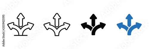 Direction arrow icon with multiple paths, decision choice symbol for planning strategy, alternative routes, business growth navigation and progress development pictogram concept design.