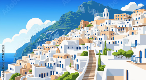 Foto Charming Mediterranean Village Vector Illustration - A Beautiful Coastal Townsca