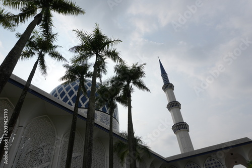 Fotografie Beautiful blue dome of the Blue Mosque framed by tropical palm trees in Malaysia
