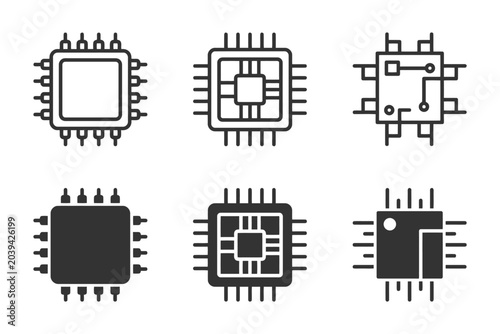 Set of six microchip icons: circuit designs and chipset patterns.