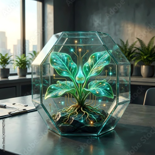 Futuristic Digital Eco Terrarium with Bioluminescent Plant