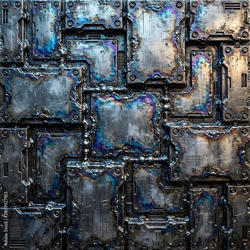 Seamless texture of cyber-gothic liquid metal welded joints, industrial burned titanium steel plates with chaotic welded lines