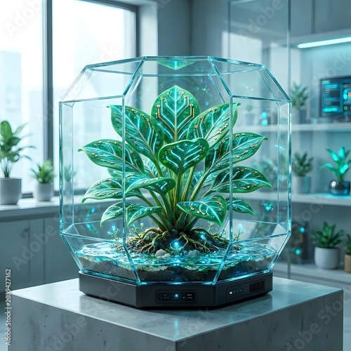 Futuristic digital eco concept, a bioluminescent alien plant growing inside a sleek geometric glass terrarium