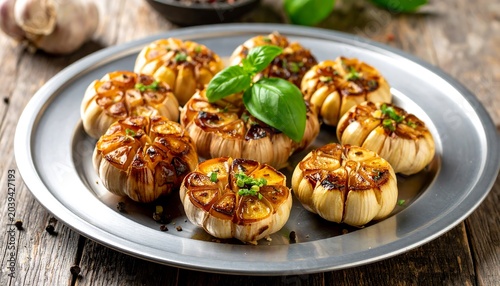 Roasted garlic heads on a platter