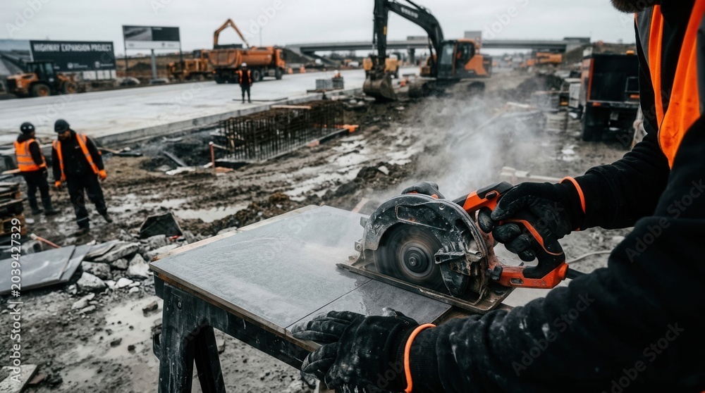 Obraz premium Construction Worker Slicing Through Tile Using Power Saw At Infrastructure Jobsite