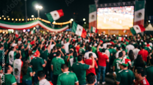 Intentionally blurred night scene showing a crowd of passionate Mexican soccer football fans gathered at a public viewing event for website backgrounds, sports marketing, and digital advertising.