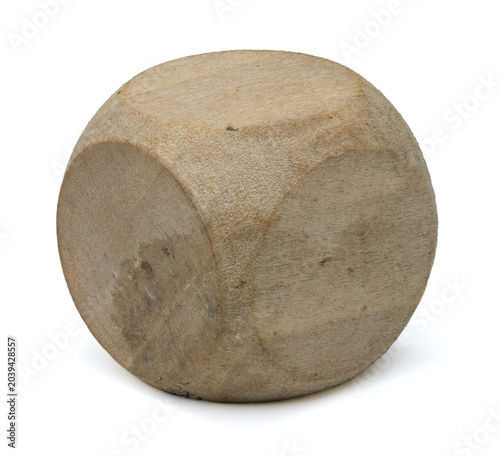 Wooden Dice Cube, Unpainted, Isolated on White Background