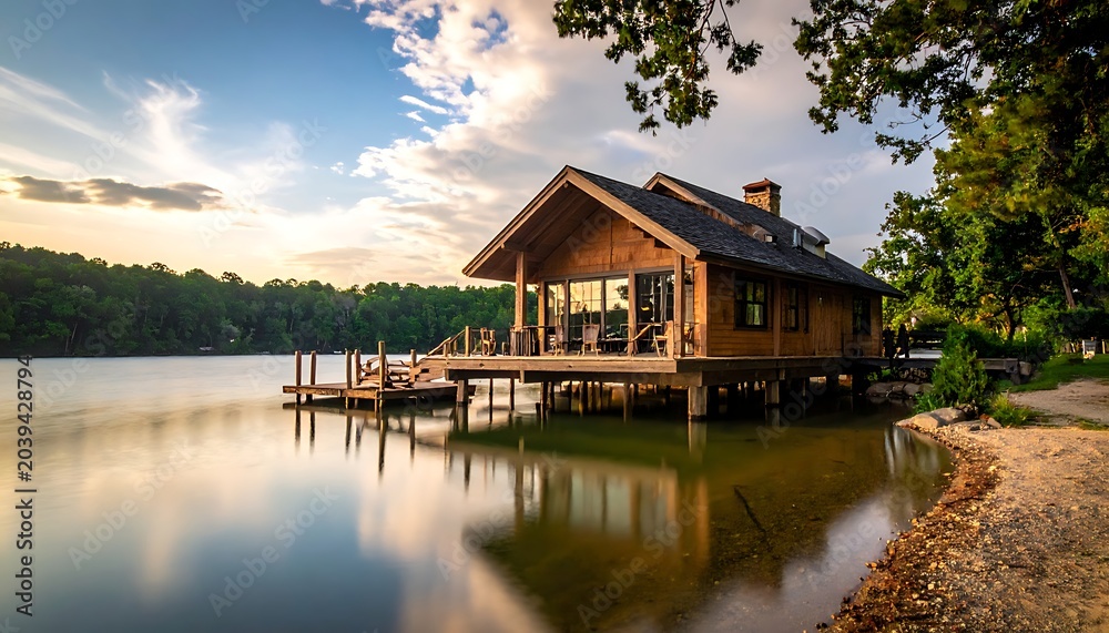 Obraz premium Serene lake house at sunset calm.