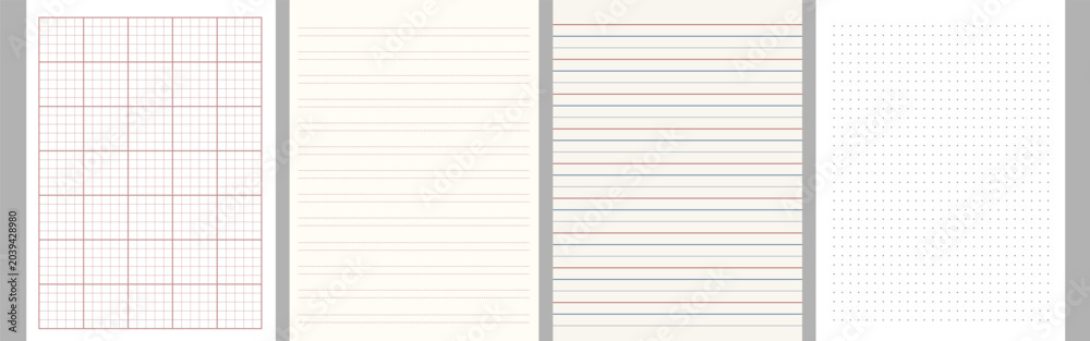 Obraz premium Set of school copybook, notebook sheets. Line, squared paper, dotted line. Papers for notes, study, education, work, blueprint.
