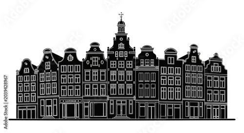 Amsterdam canal houses silhouette, black and white city landmark