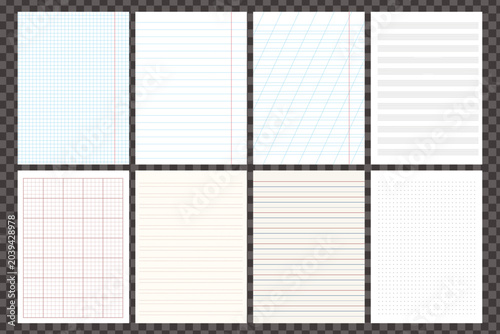 Set of school copybook, notebook sheets. Line, squared paper, dotted line,diagonal line. Paper sheet for music. Papers for notes, study, education, work, blueprint.