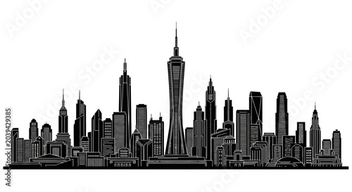 Modern City Skyline Silhouette Illustration, Urban Architectural Vector