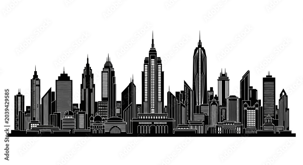 Fototapeta premium Modern City Skyline Silhouette, Minimalist Urban Skyscraper Vector