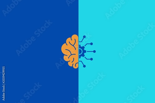 Photos Minimalist vector icon of an orange brain merged with a digital gear and network node lines on a split blue and cyan background