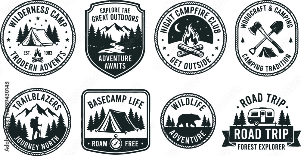 Fototapeta premium Camping and outdoor adventure badges and labels with ropes and text on white background
