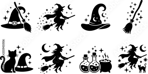 Tableau sur toile Black silhouettes of witchcraft symbols and Halloween characters on white backgr