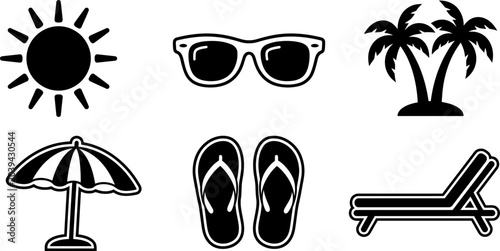 Bild auf Leinwand Black and white beach icons including sun sunglasses palm trees umbrella flip fl