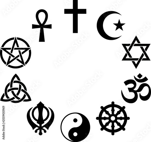 Tablou pe pânză religious symbols from various faiths and cultures around the world on white bac