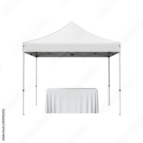 White pop up canopy tent with draped table isolated on transparent background