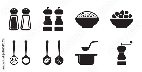 Foto Kitchen seasoning and utensil icons set with salt and pepper shakers bowls ladles and spice grinder vector