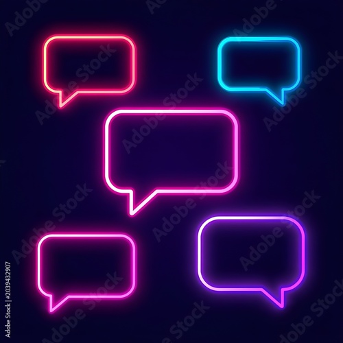 Set of 5 Neon Glowing Speech Bubbles Vector