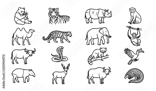 Asian Wildlife Animals Outline Icon Set Vector Collection